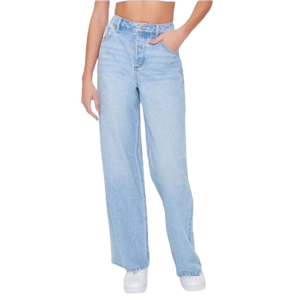 FOREVER 21 Light Denim Relaxed-Fit Whiskered Jeans, size 31